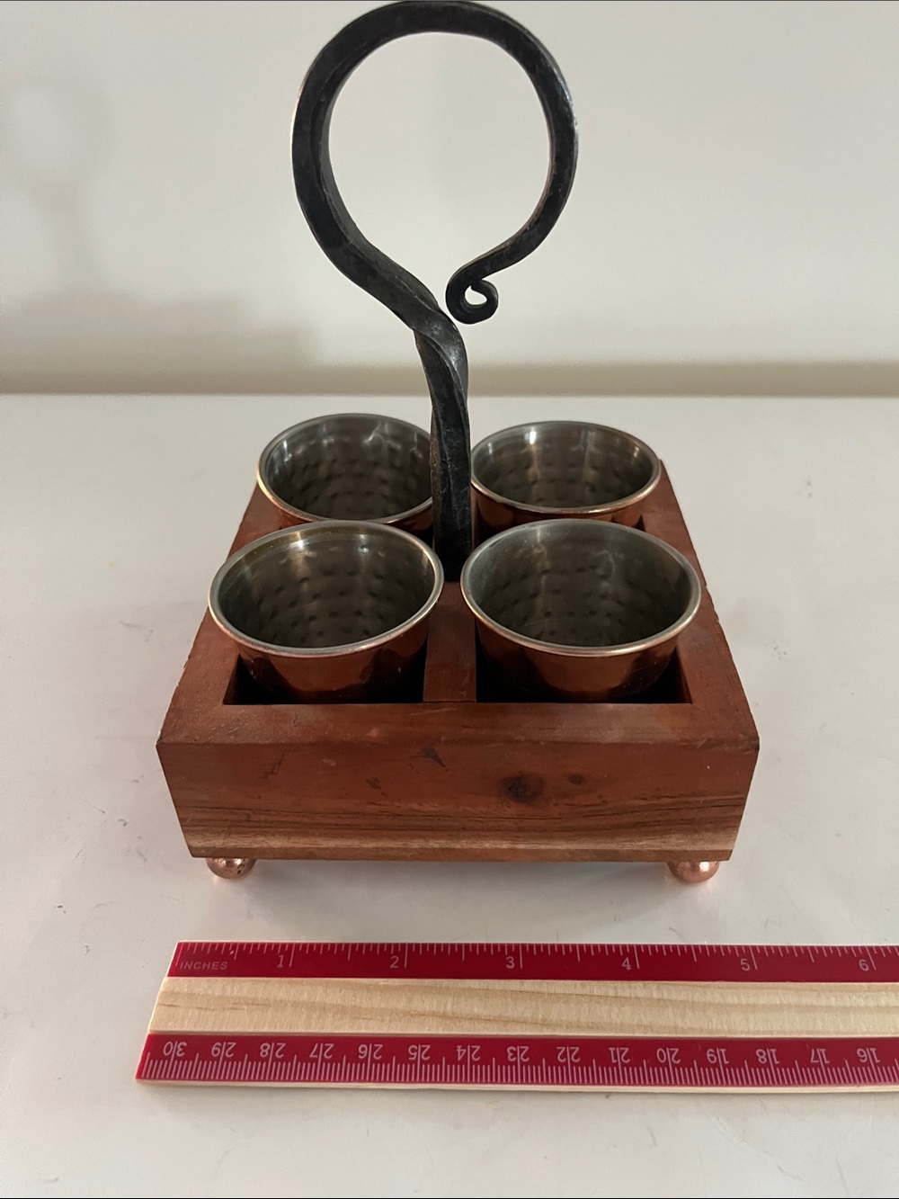 Hammered Copper Shot Glasses (4)In wooden carrier with Iron Handle